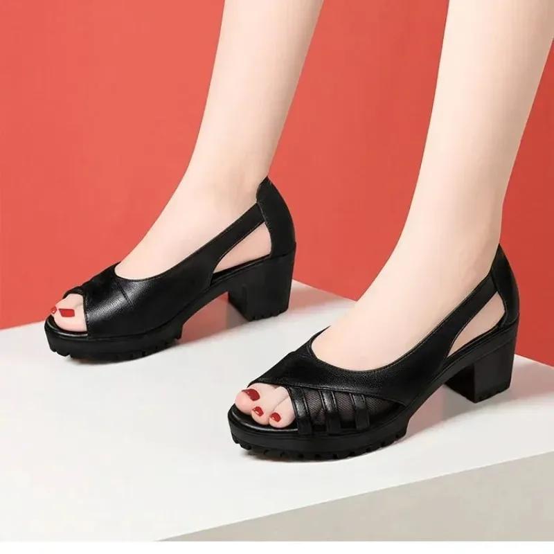 Fashion Women's Sandals 2024 Summer New Retro Fish Mouth Mesh Breathable Sandals Thick Bottom High Heels Soft Leather Sandals