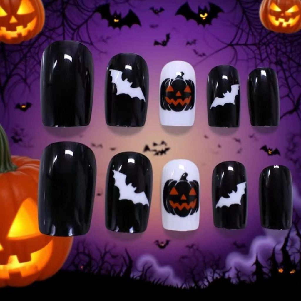 European & American Halloween Press-on Nails: Pumpkin, Skull, Bat Designs