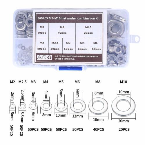 360 Pieces Flat Washers, Gasket Fasteners, Round Metal Washers, Spacers for Screws, Bolts, Washers, Spacers, M2, M2.5, M3, M4, M5, M6, M8, M10