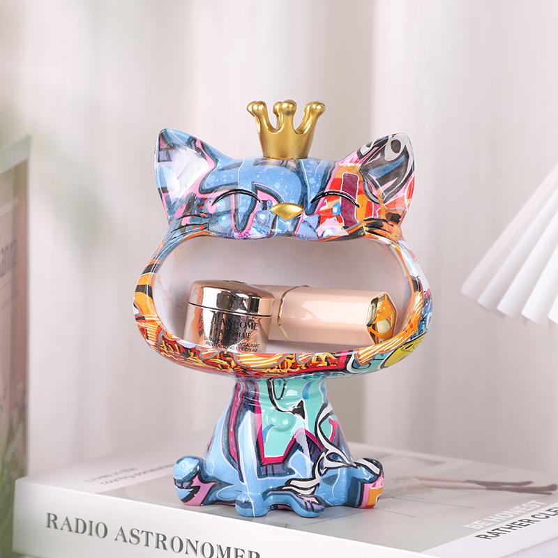 Graffiti Big Mouths Cat Figurine Resin Animal Statue Desktop Keys Candy Storage Box Home Entrance Office Living Room Decoration
