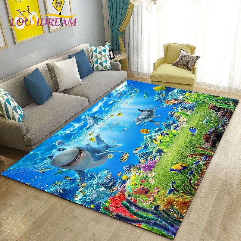 3D-Illusion Unterwasserwelt Meeresboden Delfin Hai Teppich, Teppich für Wohnzimmer Schlafzimmer Sofa Fußmatte Rutschfeste Bodenmatte