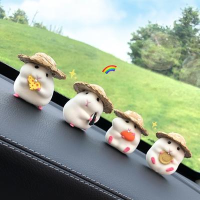 Cute Creative Hamster with Straw Hat Car OrnamentS Car Decoration Auto Interior Dashboard Accessories Auto Adorns