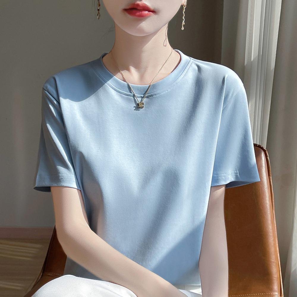 Summer Round Neck Cotton Short-Sleeved Women s T-Shirt Loose  Casual Top Mercerized Bottoming Shirt S