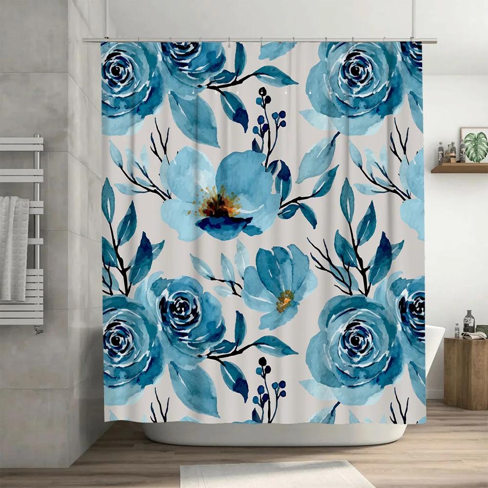 Beautiful Blue Floral Shower Curtain with Fresh Watercolor Design Perfect Bathroom Decoration