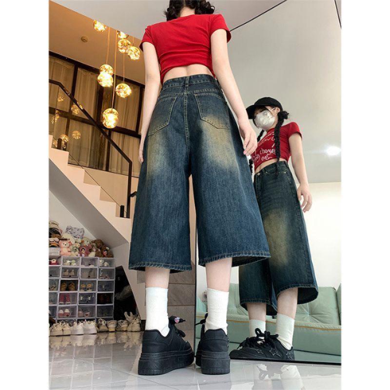

Women s Plus Size Distressed High-Waisted Cropped Jeans, Summer Loose Fit, Versatile Wide-Leg Straight Pants 4XL