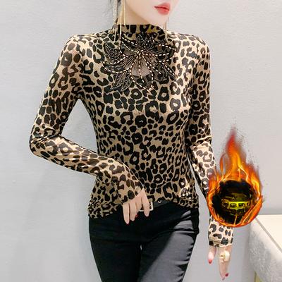 New Semi-turtleneck Long-sleeved Leopard Print T-shirt Women's Slim Retro Pullover Bottoming Shirt