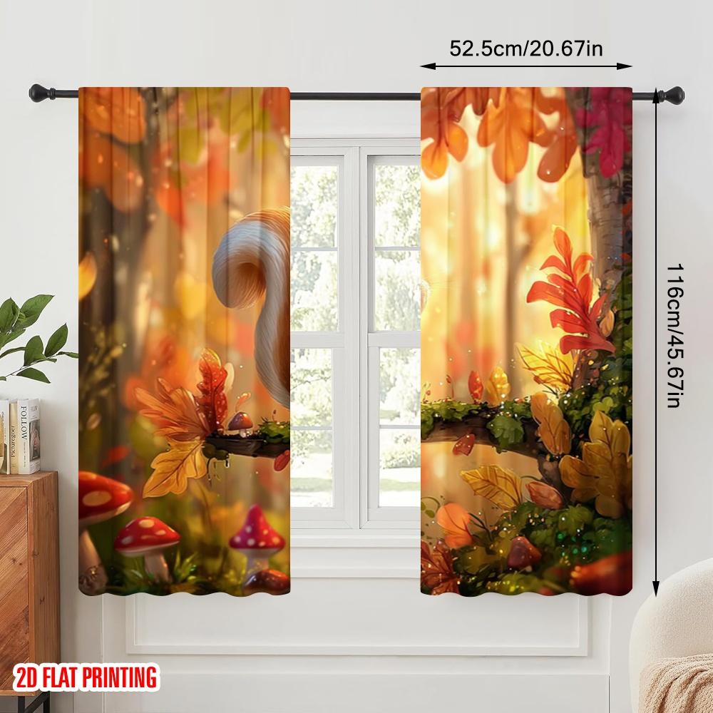 2pcs,2D Plane Printing Window Curtain Squirrel In Autumn Versatile Fabric (without Rod) All Seasons Use for Living Room & Office