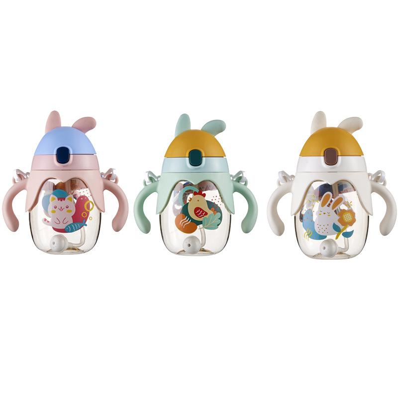 350ml Summer Childrens Cartoon Plastic Cup with Straw Flip Water Cup with Handle Baby Kindergarten Drinking Cup