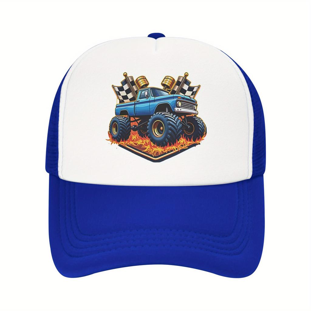 Boné Trucker com Chamas de Monster Truck e Bandeiras Quadriculadas, Tela Respirável, Boné de Basebol para Fãs de Automobilismo