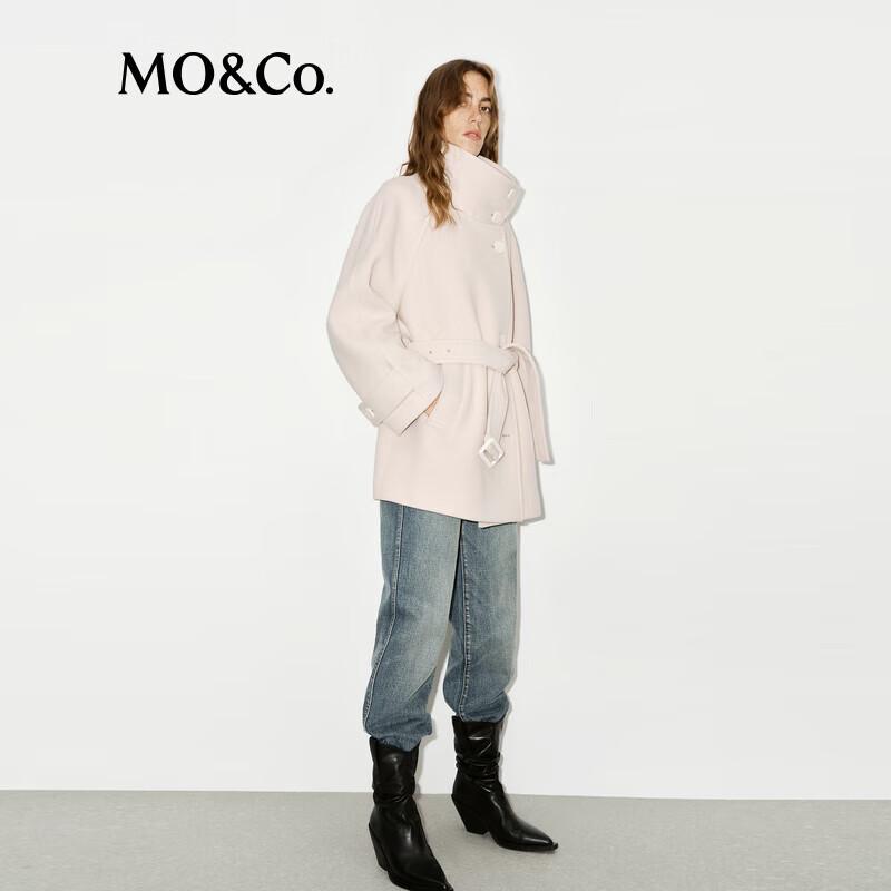 MO&Co. Cashmere Blend High-Neck Mid-Length Wool Coat with Belt