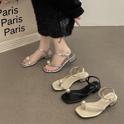 Summer 2024 with Medium Heels Footwear Silver Sandals for Woman Square Women's Shoes Rhinestones Flip-flops Open Toe Diamond Vip