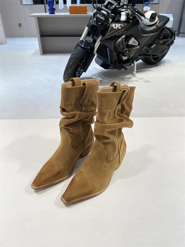 New Fashion Western Cowboy Boots Pointed Pleated V-mouth Thick Heel Medium Tube Short Boots