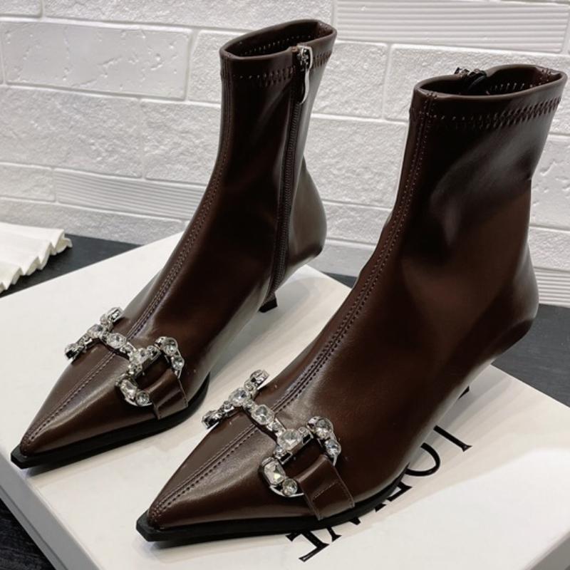 

Обувь для женщин Высококачественные зимние женские сапоги Однотонные остроносые блестки стразы молния модные сапоги на среднем каблуке 39