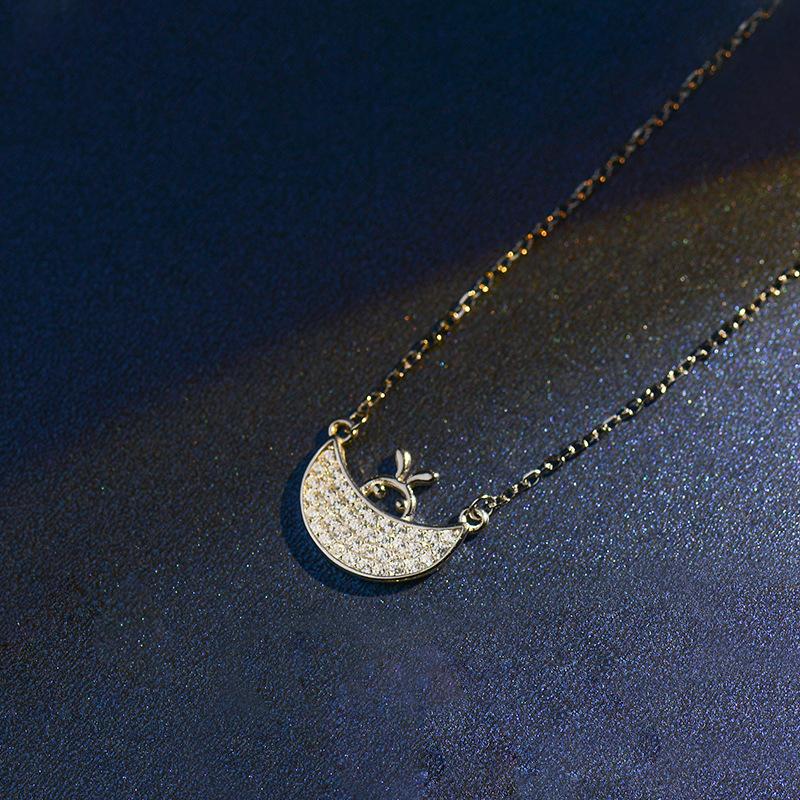 Voll Diamant Mondelfen Halskette Mondschiff Hase Schlüsselbeinkette Niedliches Tier Ornament Weiblich