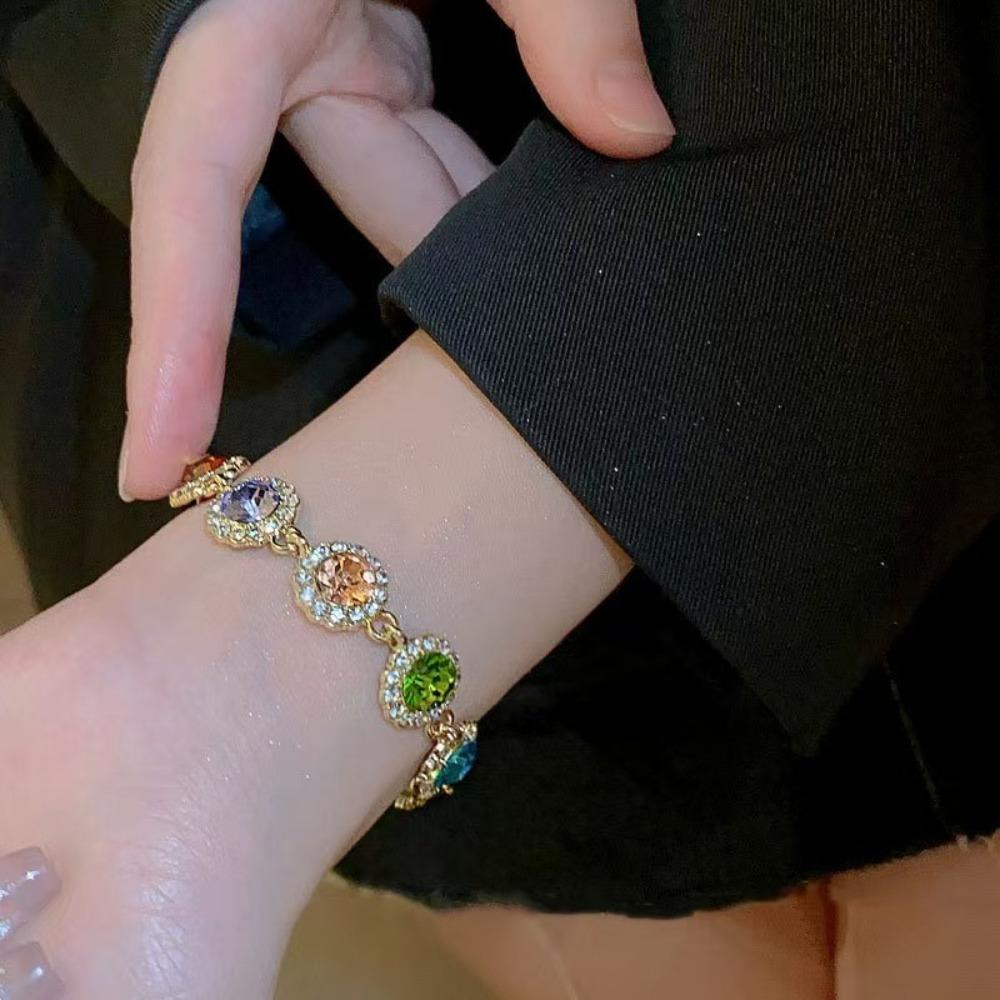 Shiny Zircon Bracelet Bangle Colorful Hand Chain Elegant Rainbow Rhinestone Bracelet  Lady