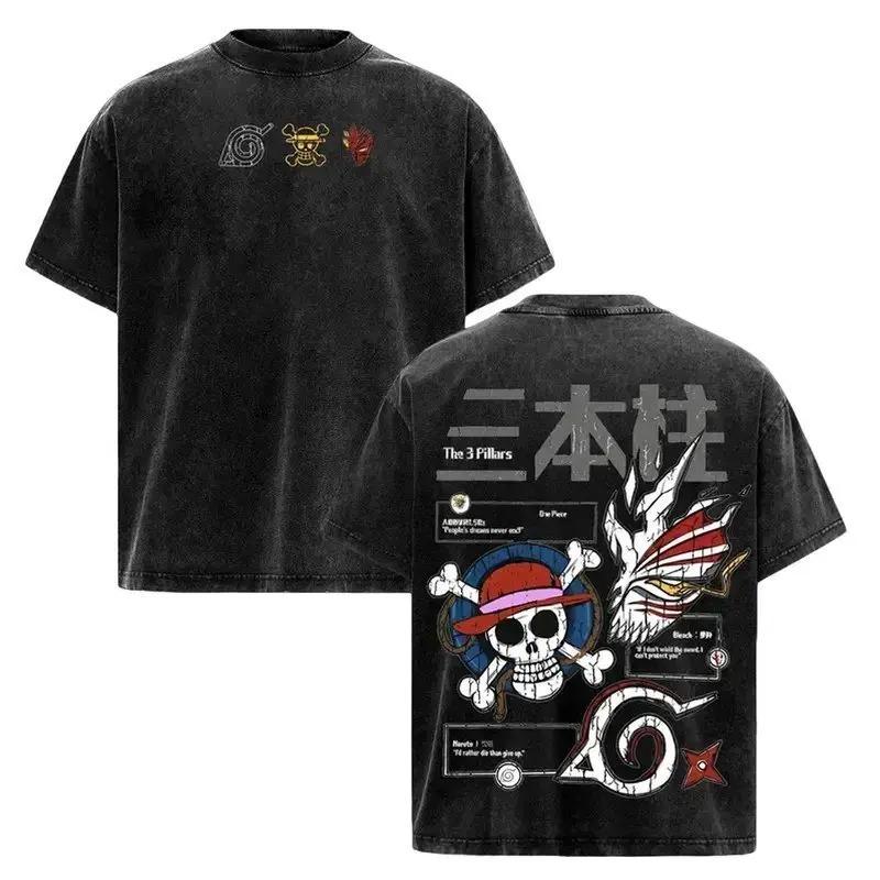 

Anime Big Three The 3 Pillars Crossover Vintage Washed Oversized Streetwear Unisex Casual Black T-Shirt L