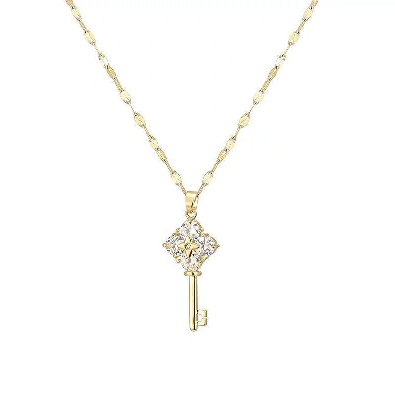 Korean Style Fashion Crystal Zircon Key Pendant Stainless Steel Necklace For Women Cute Gold Color Ladies Clavicle Chain Jewelry