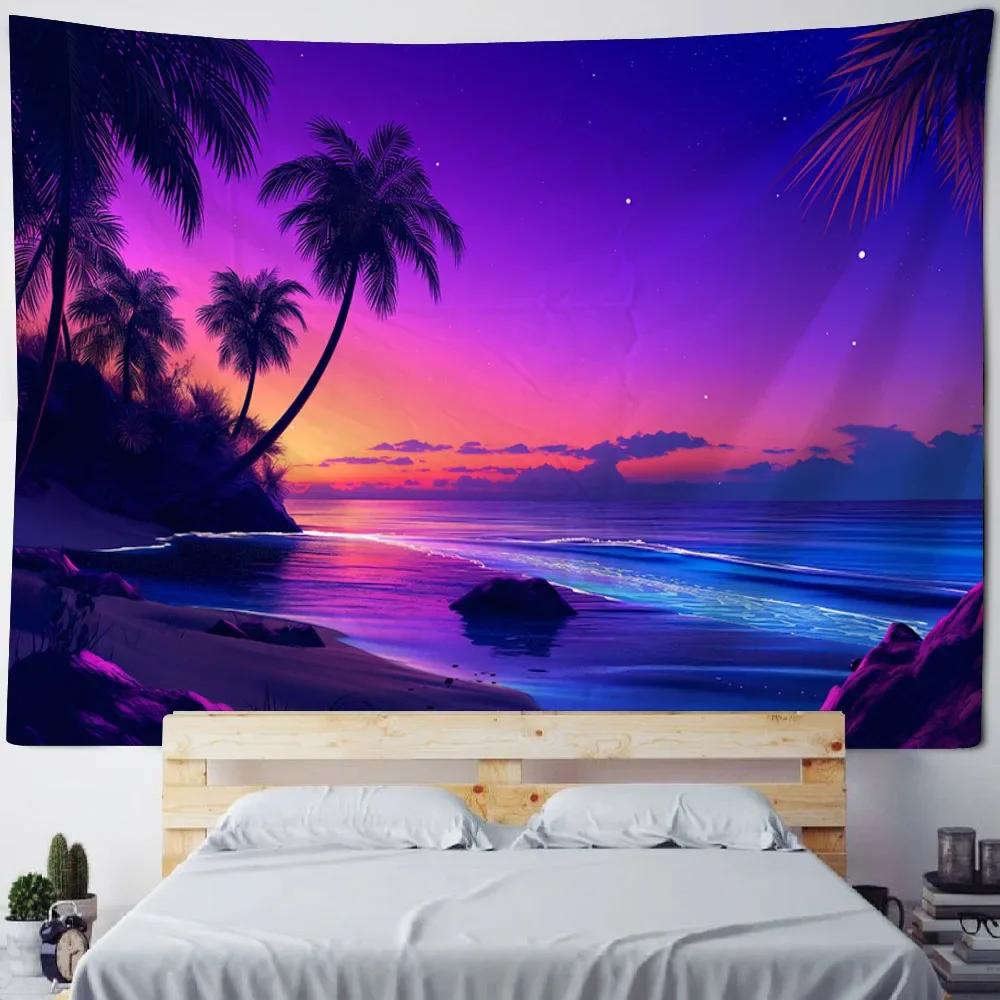 Sea view tapestry printed hanging painting coconut tree sunrise home decoration yoga mat bed sheet living room wall hanging