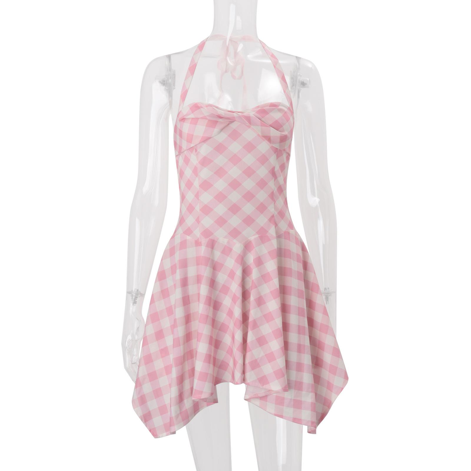 

European and American style women s clothing spring new British retro plaid sweet temperament chest wrap waist neck dress L рожевий