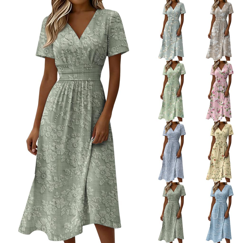 Women V Neck Waist Cinched Floral Print Short Sleeve Midi Dress Casual Summer Day Dress