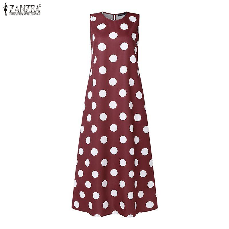 ZANZEA Women Casual Round Neck Polka Dot Print Loose Sleeveless Dress