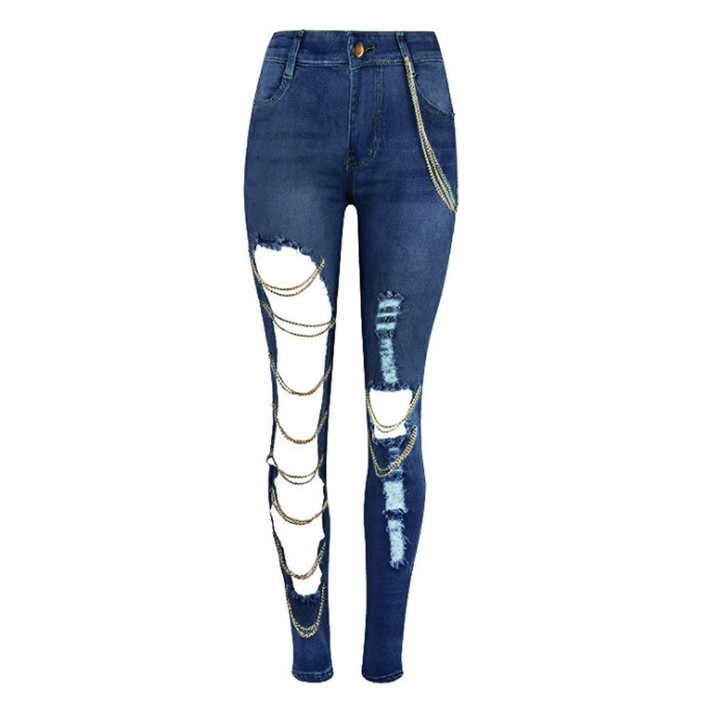 Fashion Women Solid Slim Denim Ripped Chain Big Hole Jeans Trousers Pencil Pants
