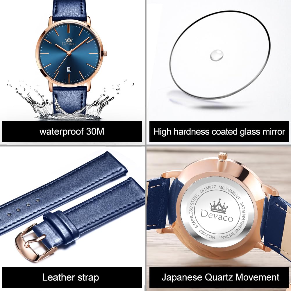 Women's Watch blue stylish waterproof ultra-thin leather strap analog simple dial easy-to-read fashion thin high school student watch for women