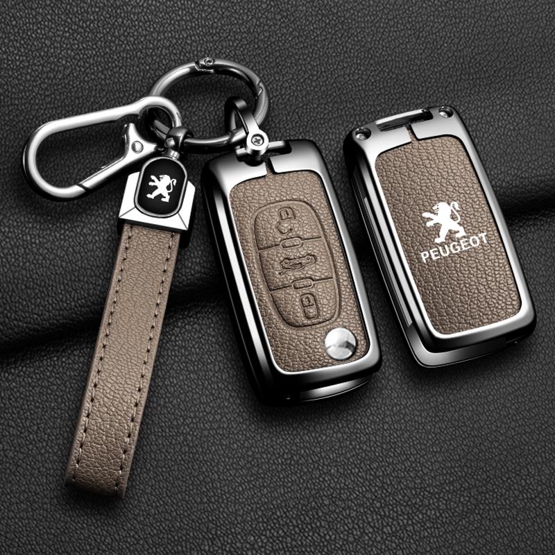2026 Hete Auto Sticker Legering Leer Auto Flip Afstandsbediening Sleutelhoes Fob Cover Houder Shell voor Peugeot 207 307 308 407 607 807 Beschermer