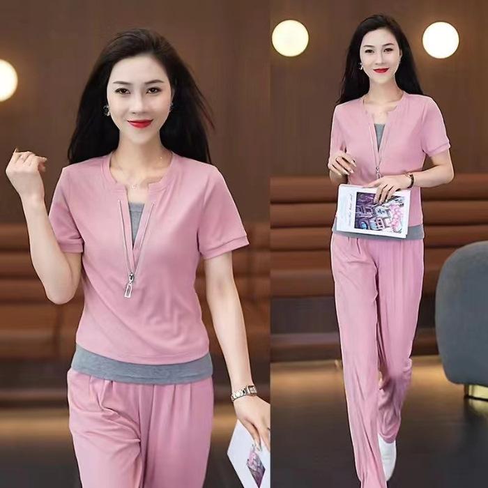 

Short sleeve casual sportssuit women s summer new fashion age-reducing holiday two-piece top straight-leg pants two-piece set M розовый