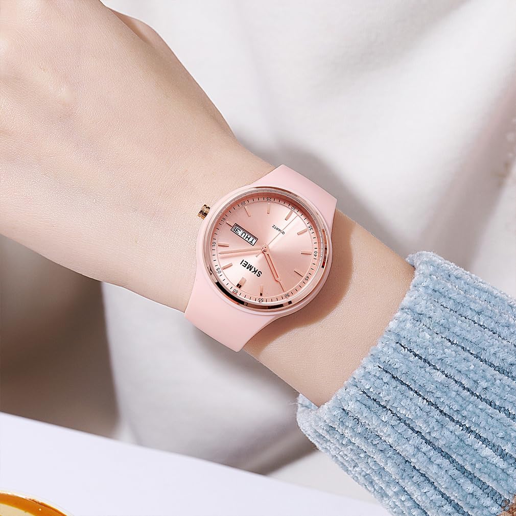 Silicone Waterproof Cute and Stylish and with Date and Day Perfect for High School Pink Women's Wristwatch, Simple, Casual, Display, Students,