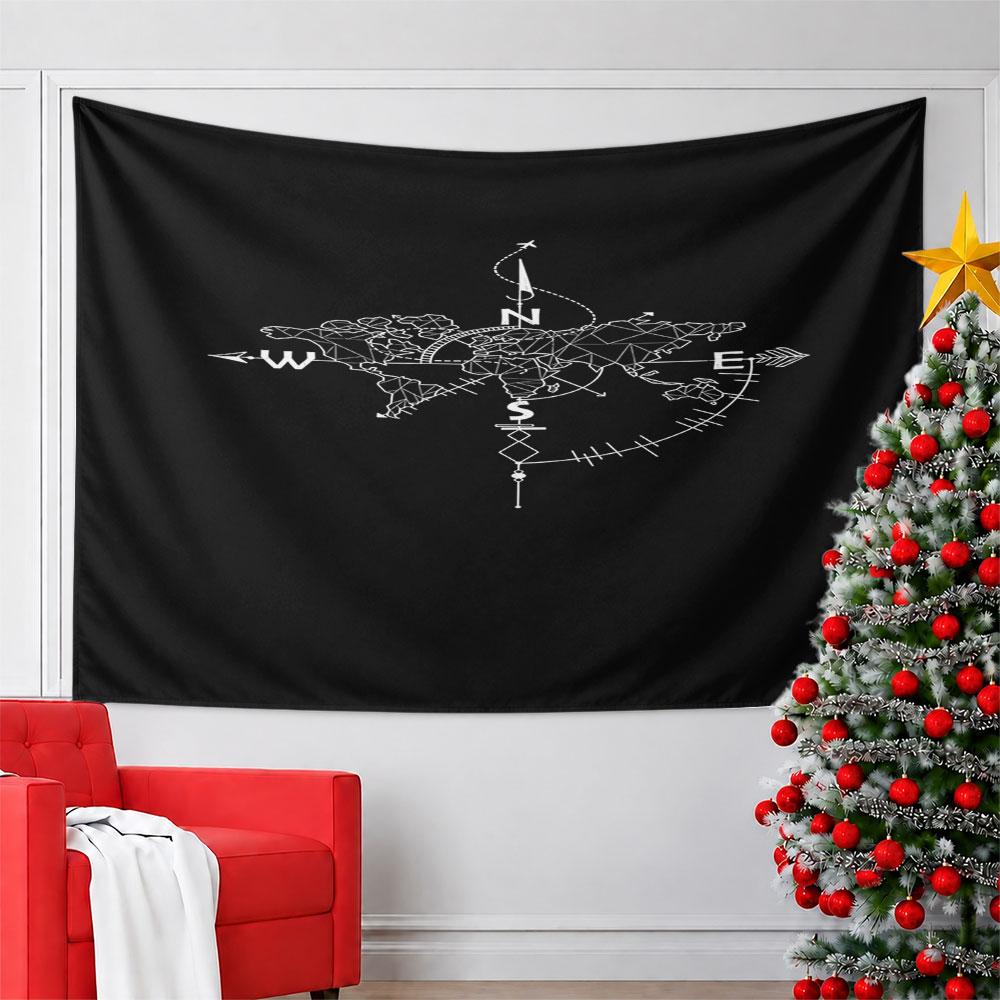 Geometric World Map with Compass Design Pattern Wall Hanging Tapestry Decorative Tapestry Home Decor for Bedroom and Living Room