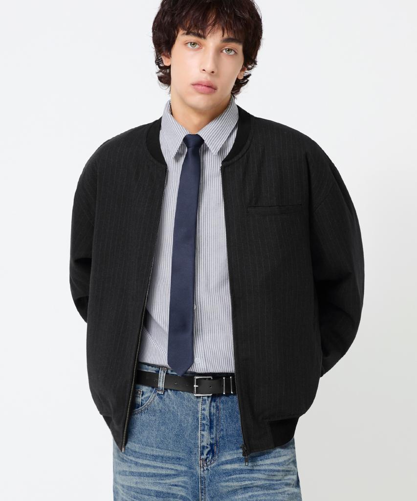 Trillion Pin Stripe Officer Crop Bomber Jacket_Black