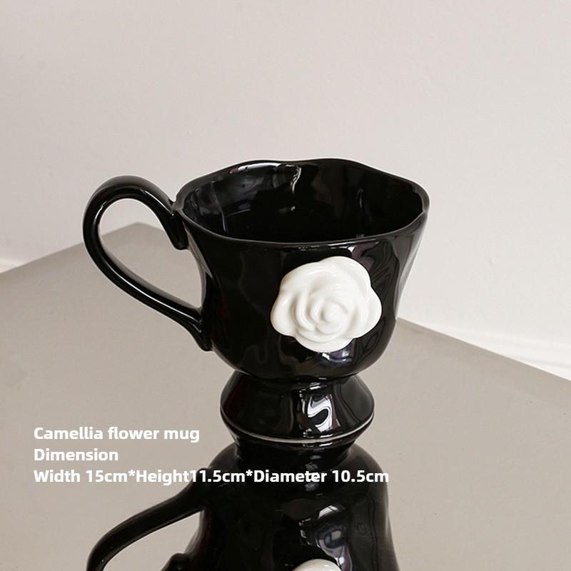 Camellia Embossed French Household Creative Breakfast Milk Cup, Ceramic Mug, Office Coffee Cup, Retro Mugs with Handle