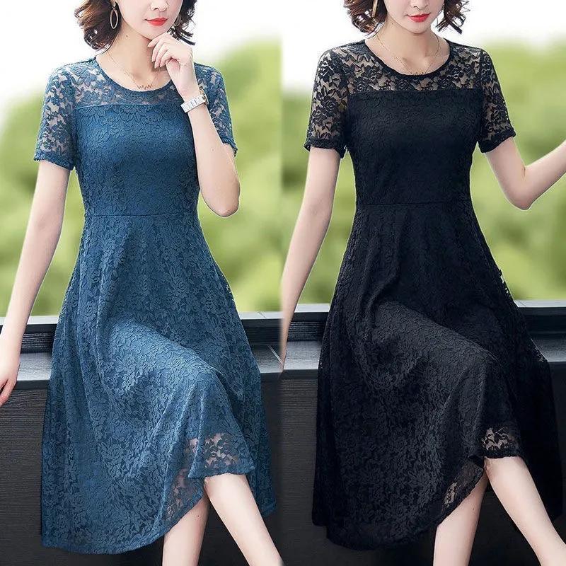 Sexy Lace Dress Women's Short Sleeve Summer Mid Length Dress Ladies Style Slim Dress Solid Color Casual Dress