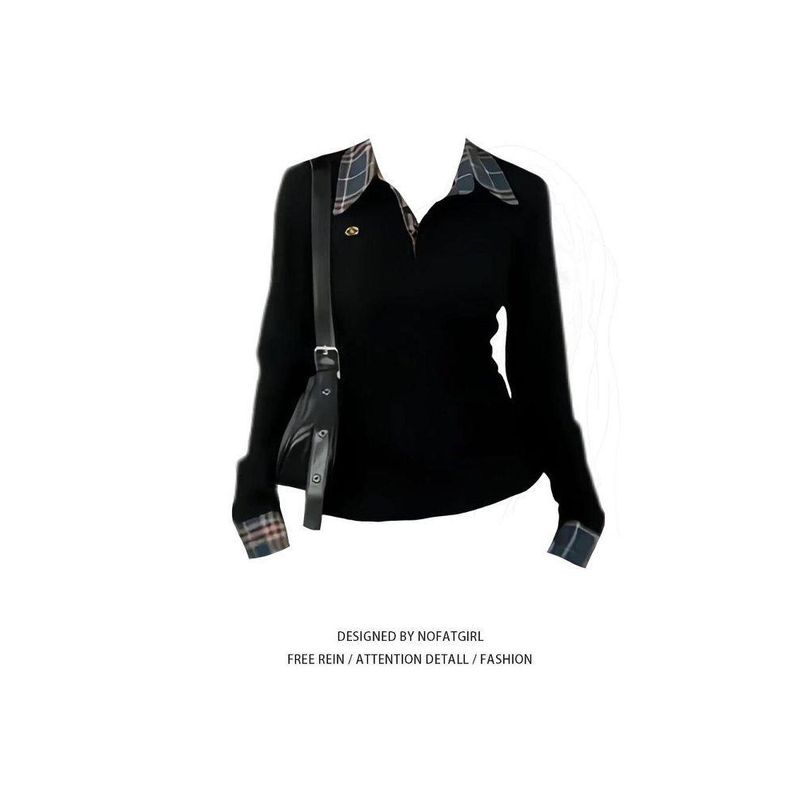 Plus Size Chubby Girl Korean Style Plaid Lapel Stitching Long Sleeve T-shirt Women's Autumn New Arrival Silm Slim Fit Versatile Top Tide