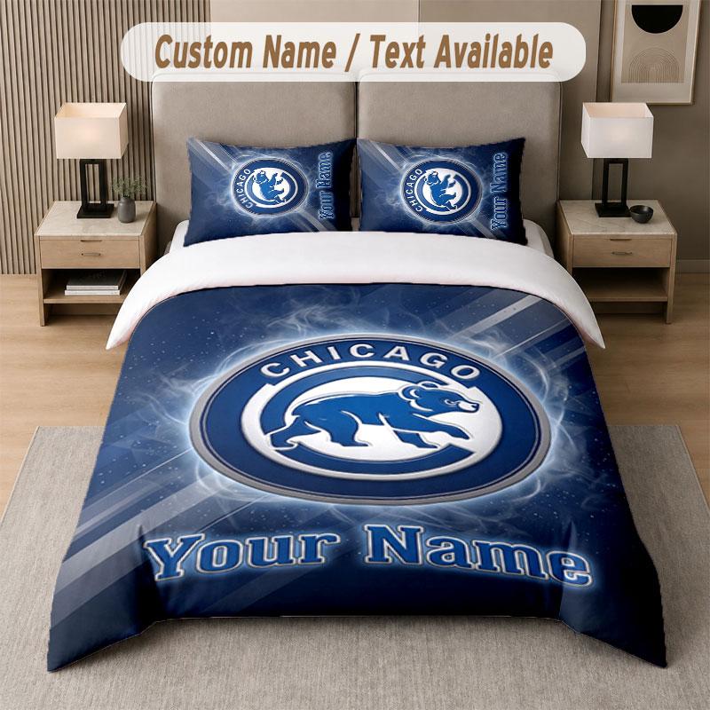 Custom Bedding Set Chicago Cubs Pattern, Print Name Text 1 Duvet Cover plus 2 Pillowcases Home Textile