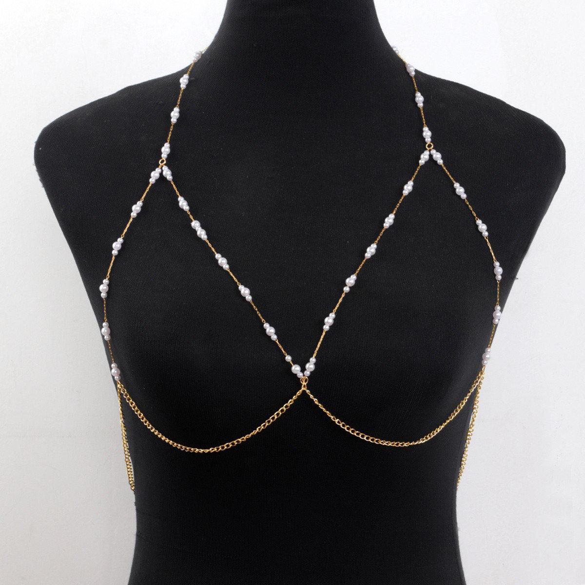 European and American accessories, pure desire chest chain, sexy spicy girl necklace, body accessories, pearl body chain, accessory sling