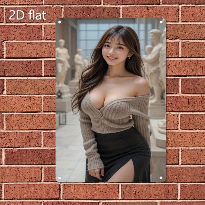 

Vintage Sexy Elegant Asian Woman In Beige Off Shoulder Knit Sweater And Black Slit Skirt Museum Portrait Retro Metal Tin Sign R 20x30cm（7.8x11.8inch）