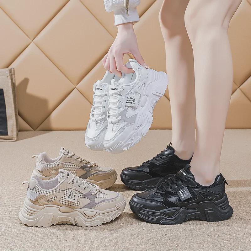 Women's Casual 2025 Spring Daddy Shoes: Lightweight, Height-Enhancing, Thick-Soled Leather Running Sneakers K819