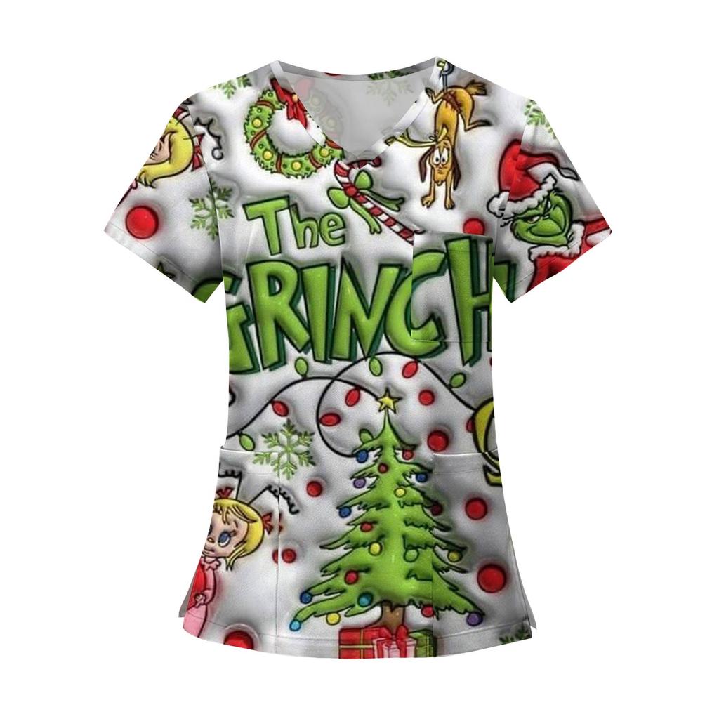 Damenmode Bedruckte Kurzarm-Oberteile mit V-Ausschnitt und Muster, Taschen, Arbeits-T-Shirts