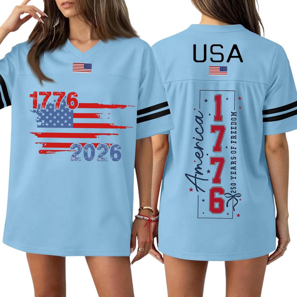 Damen Casual Mode V-Ausschnitt Sport Unabhängigkeitstag Druck Kurzarm Sport T-Shirt Top