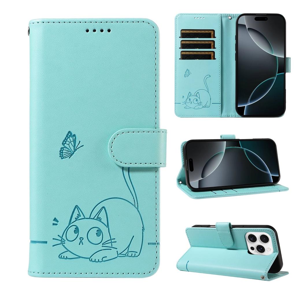Leather Wallet Flip Case For OPPO A57S A77 A15 A15S A16 A16S A54S A17 A96 4G 5G Cat and Butterfly Embossed,Wrist Strap