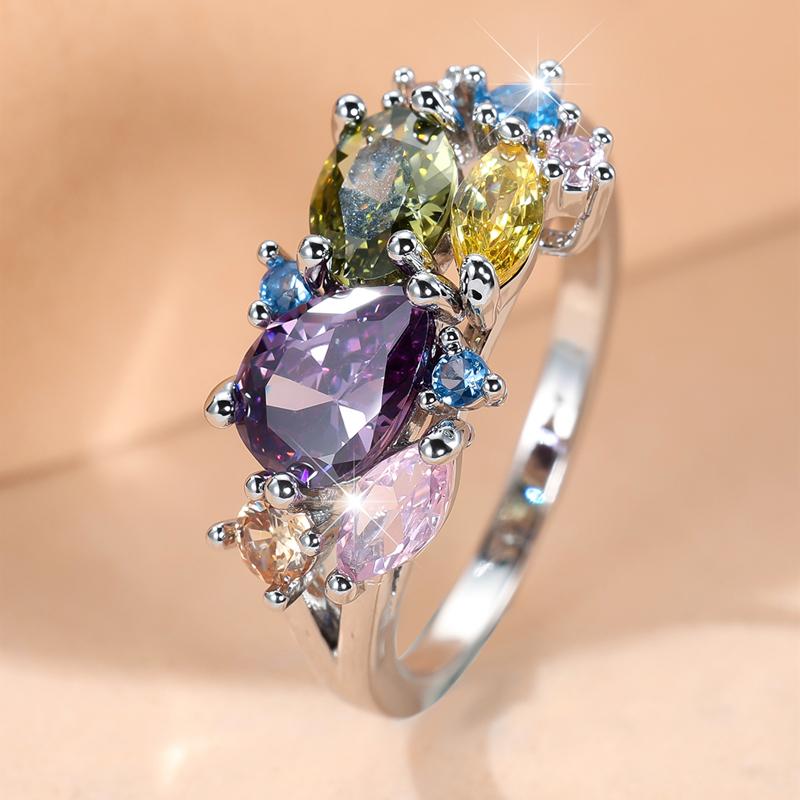 Anillos de circonita cúbica de colores de moda para mujer, anillo de dedo de color plateado, joyería para fiesta de cóctel y festival, regalo