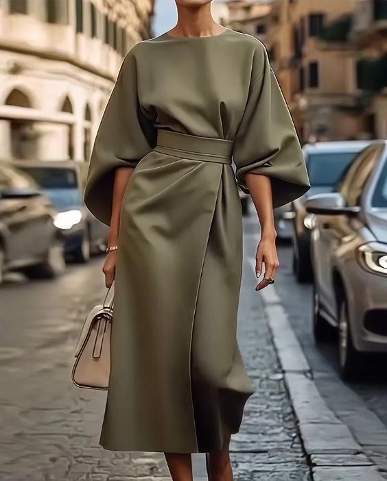 

2025 Women s Elegant Solid Color Waist-Hugging Long Batwing Sleeve Dress M армія зелений колір