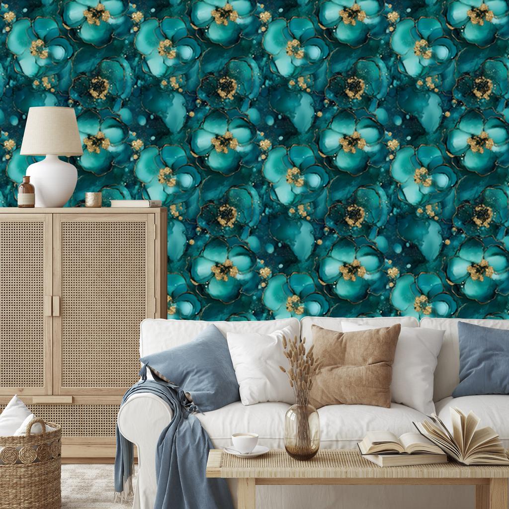 Ink Wallpaper Turquoise, Sea Blue and Yellow for Living Room and Bedroom 50x1000