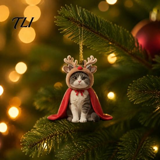 Christmas Tree Ornaments Cat Ornament, 2D Flat Cartoon Acrylic Kitten Wearing Cape And Festive Car Rearview Mirror Charms Hat Hanging Decoration
