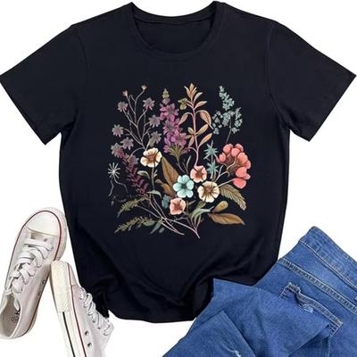 Vintage Boho Floral T Shirt for Women Cute Colorful Wildflowers Graphic Short Sleeve Fashion Girl Botanical Tee Tops