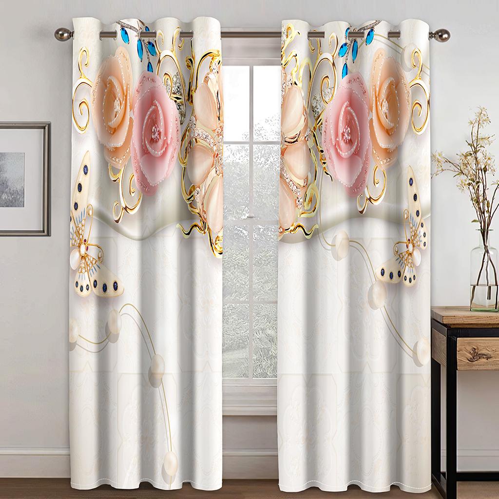 Luxuriöse Goldene Blume Rose Diomand Mädchen Fenster Vorhänge Raffrollos für Wohnzimmer Kinder Schlafzimmer Küche Tür Heimdekor Gerät 2 Stück