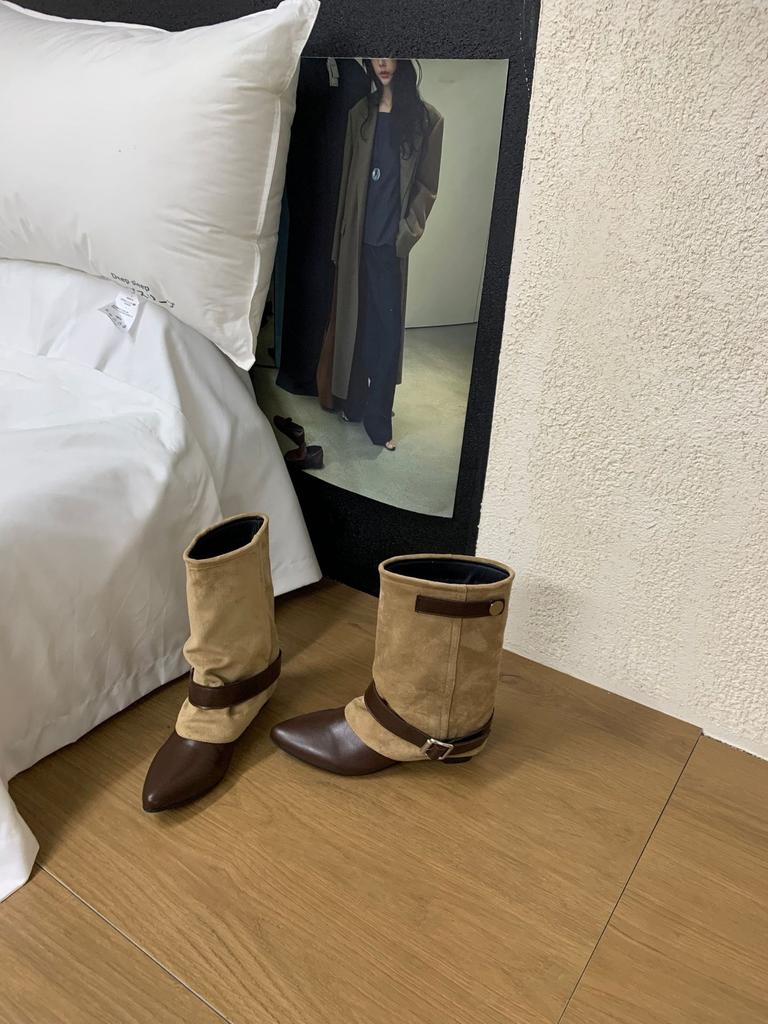Autumn and Winter New European and American Heightening Square Head Western Boots Belt Buckle Suede Splicing Trouser Tube Boots