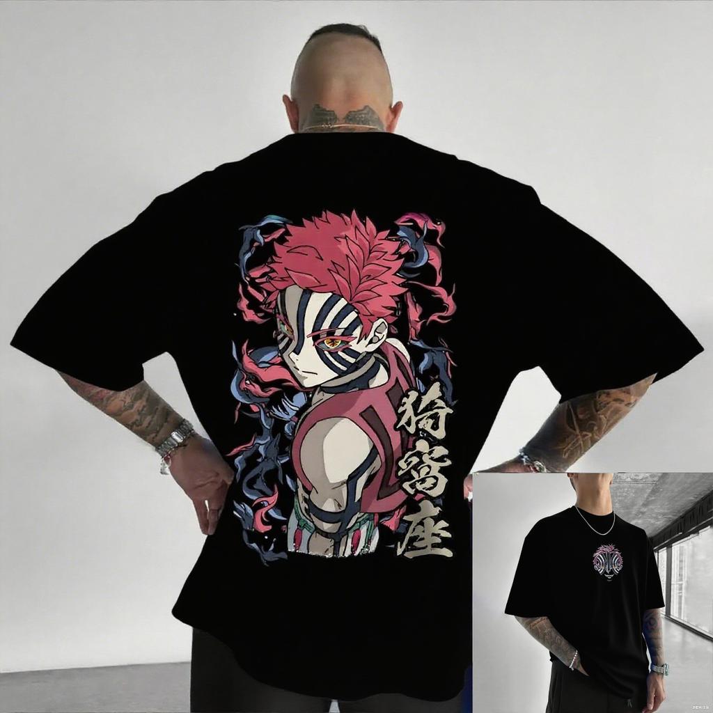 Oversized Demon Slayer Akaza Anime Mens Tshirt Cotton Women Short Sleeve Tops Summer Streetwear Graphic Tee Casual Y2k Clothes